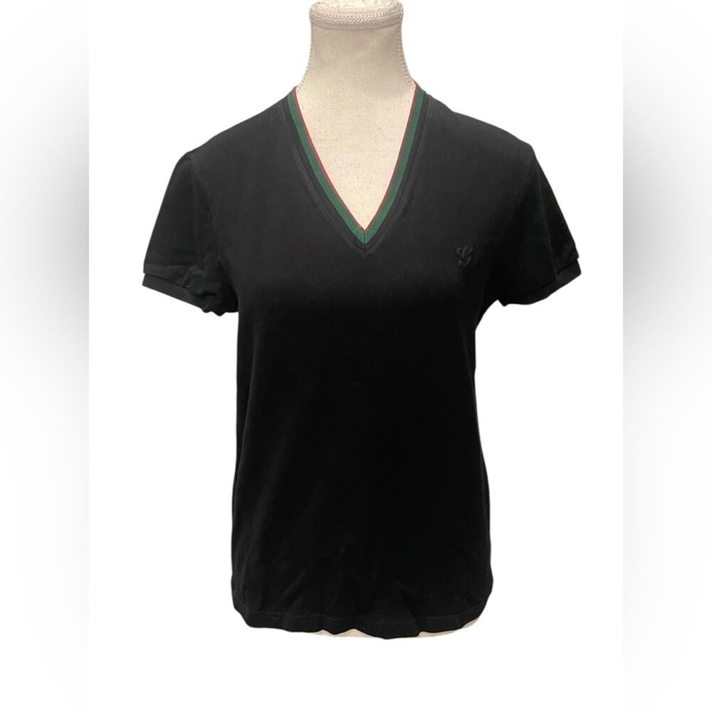 Gucci Black Cotton Web Stripe Detail V-Neck T-Shirt Size:S
